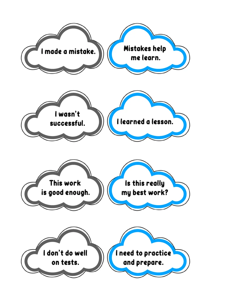 Mindset mini posters: four pairs about mistakes, lack of success, best work, and practice for tests.