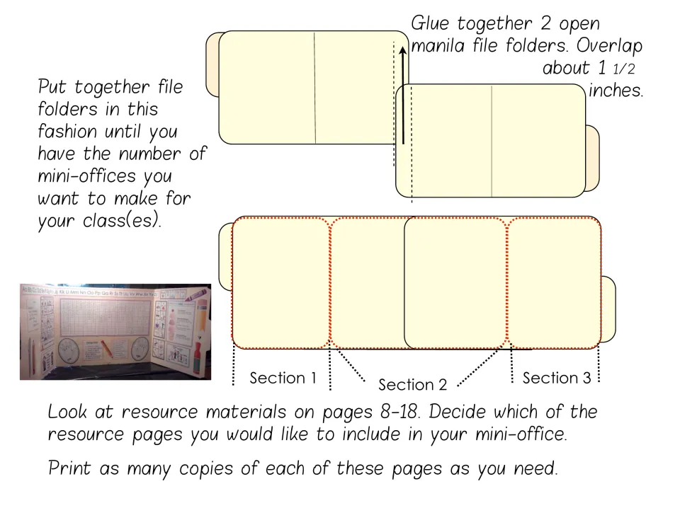 Writing folder assembly directions show how to join two manila folders with about 1 1/2 inches of overlap
