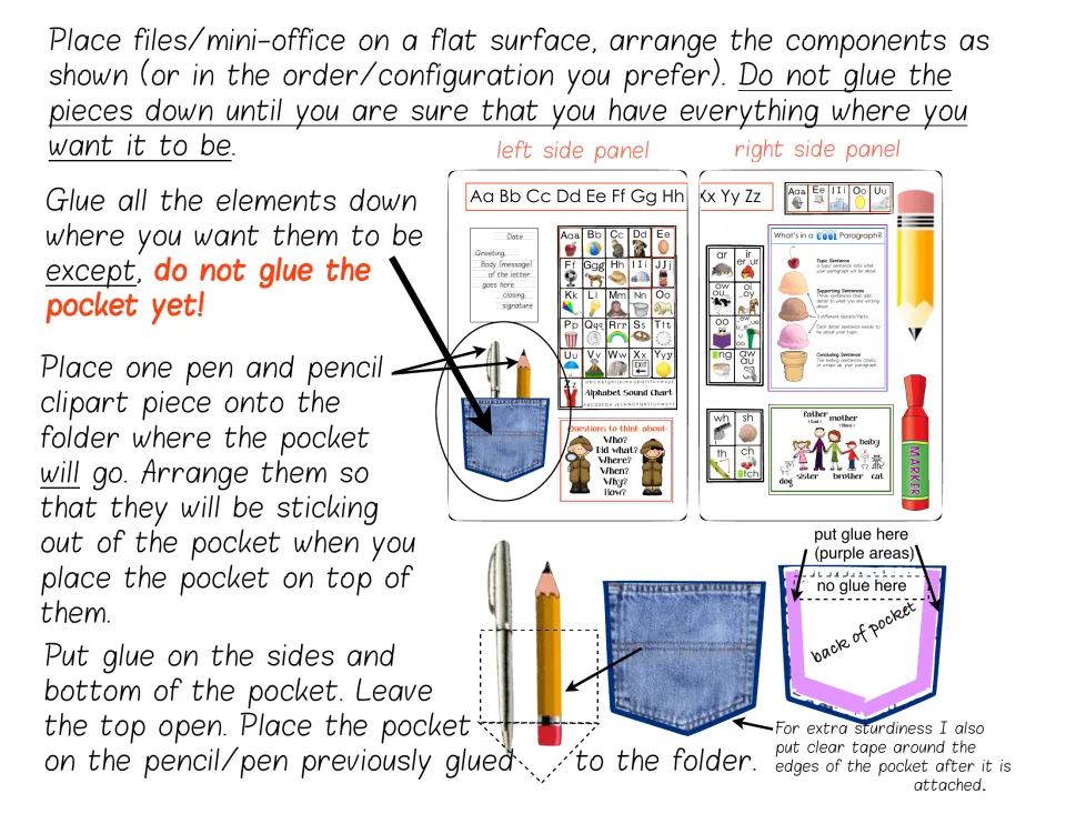 Writing folder assembly instructions explain arranging references and gluing a pocket while leaving its top open