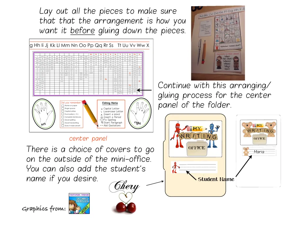 Writing folder assembly continues with center panel placement, a choice of covers, and a student name label