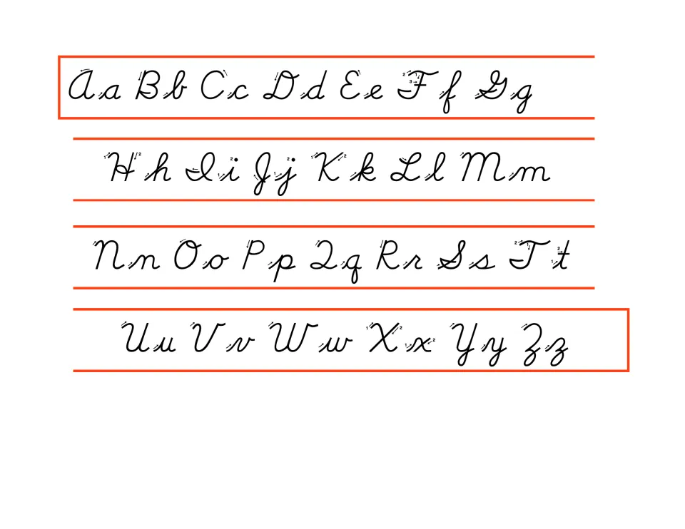 Printable cursive alphabet strips for the writing folder show uppercase and lowercase letters from A to Z