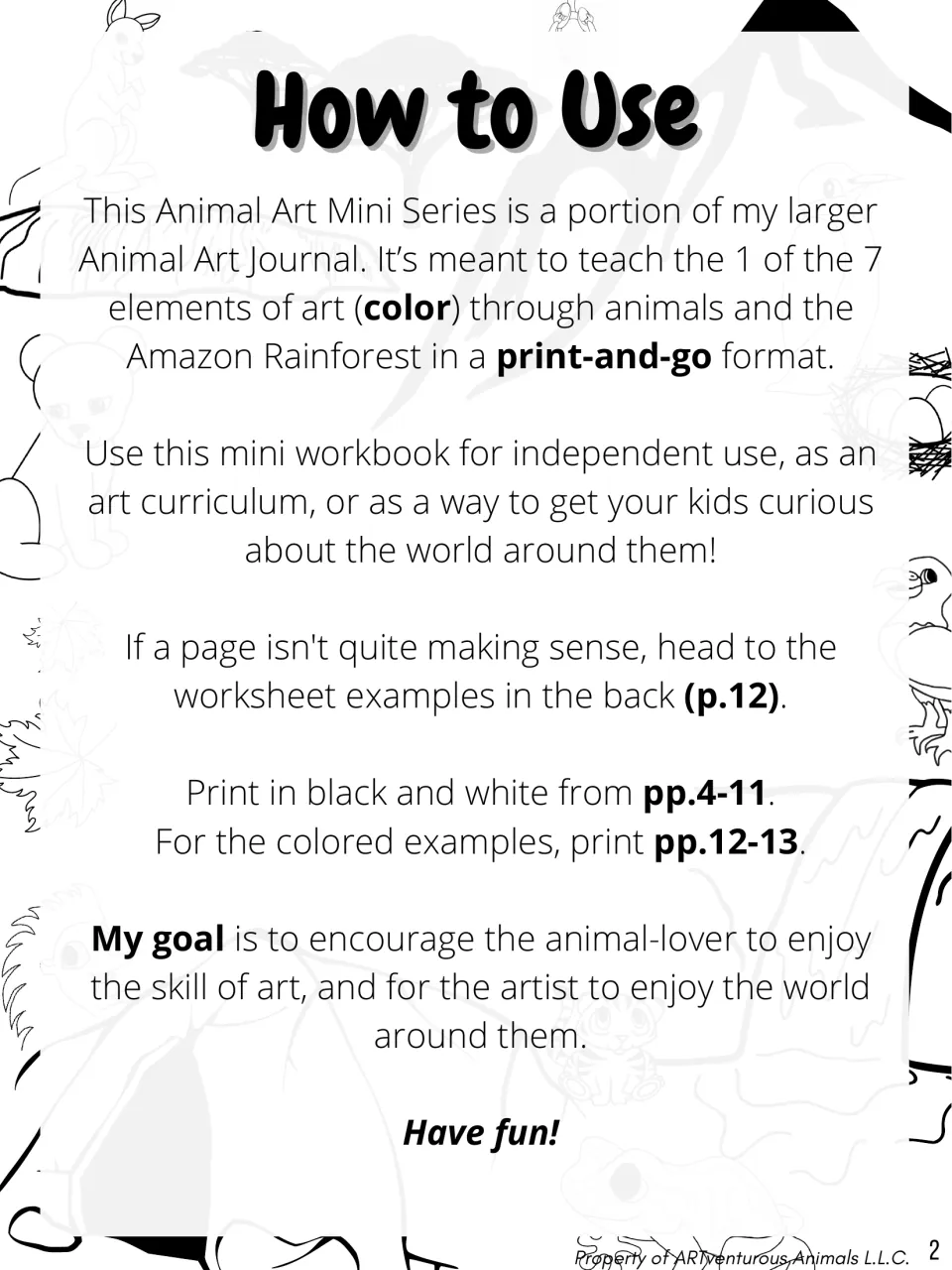 How to Use: notes that this mini series teaches color, 1 of 7 elements of art, via animals and the Amazon; print tips