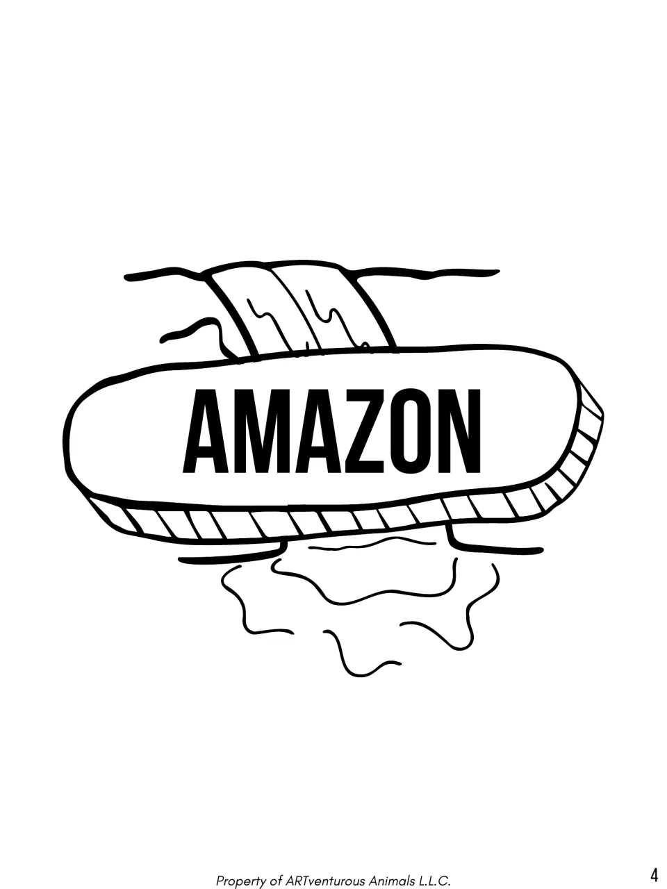 Amazon section title page: the word AMAZON on a hand-drawn sign with a waterfall and water ready for coloring