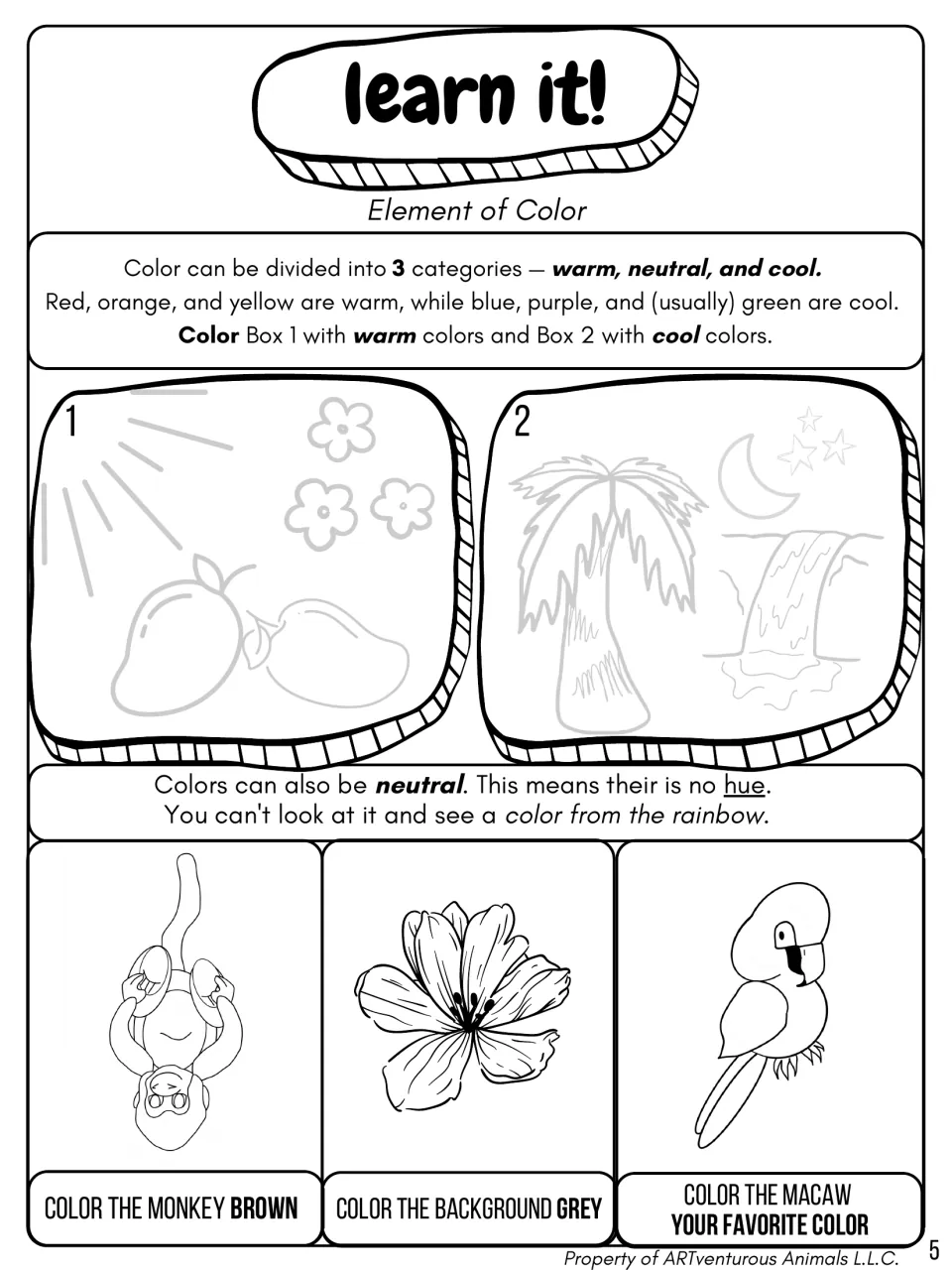 Element of color lesson: students color a warm scene and cool scene, then a brown monkey, grey flower background and macaw
