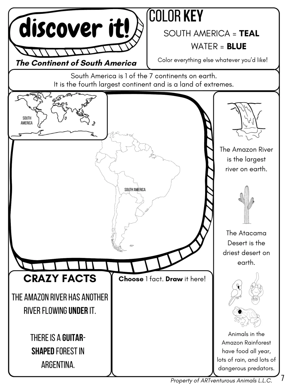 Continent of South America: students color map teal and water blue, read river and desert facts, then draw one crazy fact