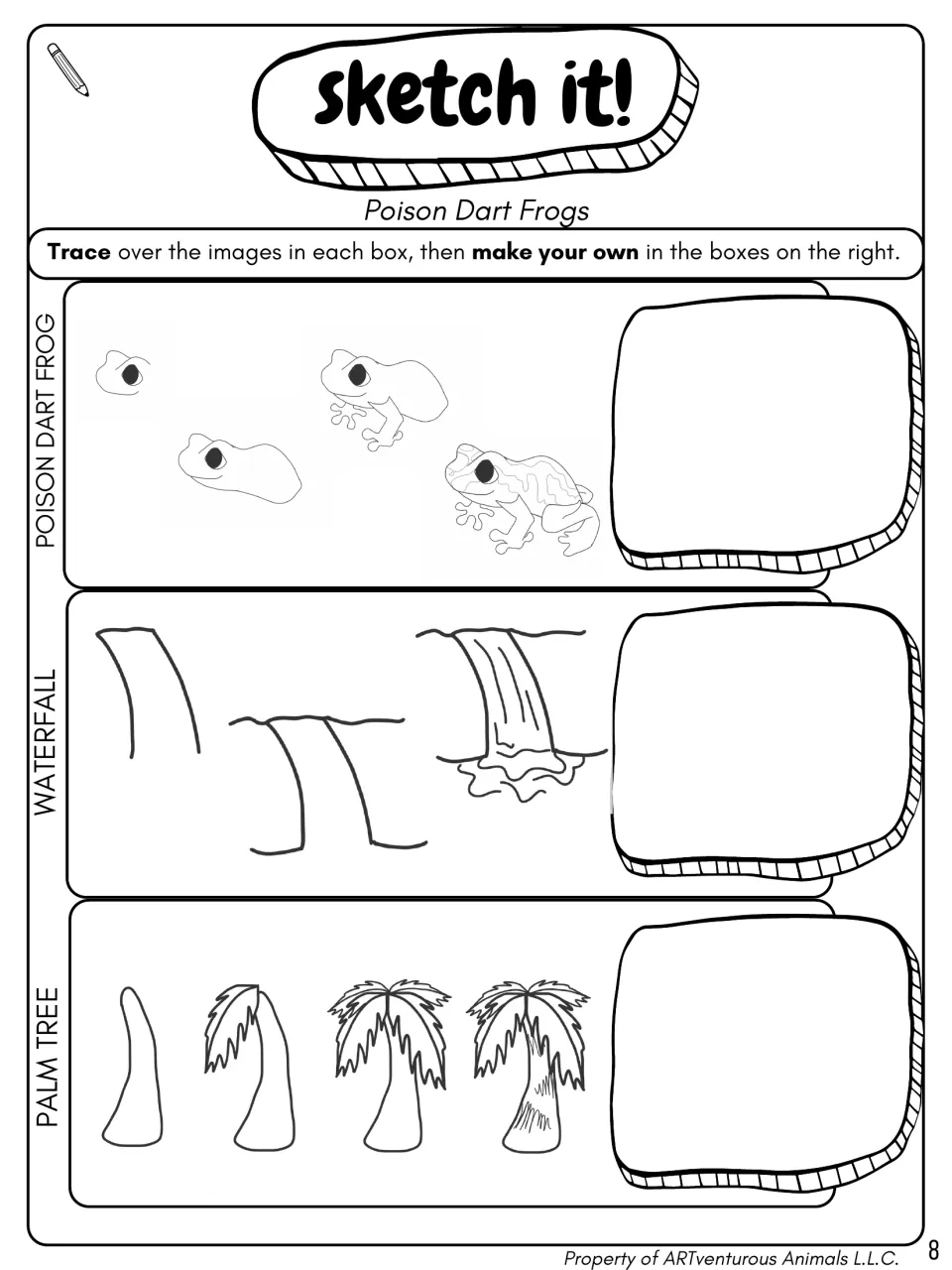 Poison dart frog sketching: students trace step-by-step drawings of a frog, waterfall and palm tree, then draw their own