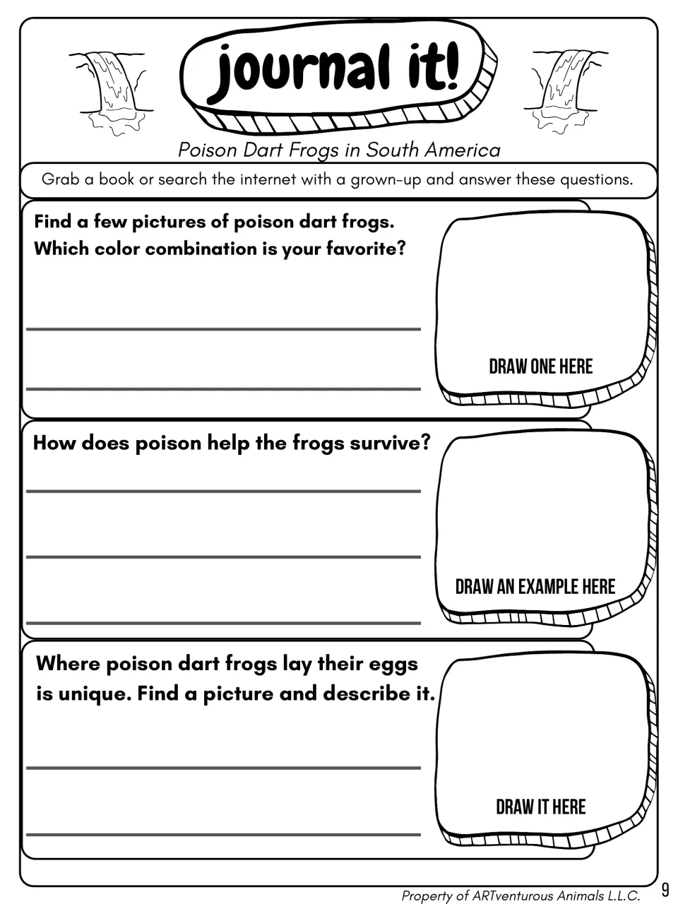 Poison dart frog research journal: students answer 3 questions on color, poison and egg-laying sites and draw each answer