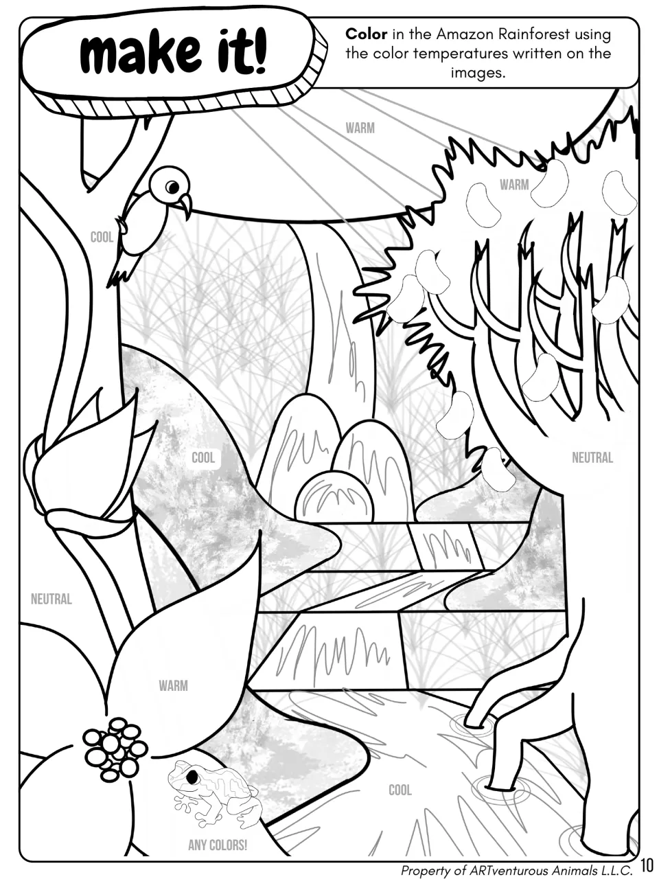 Amazon rainforest coloring scene: students color a bird, frog, flowers and trees using the warm, cool and neutral labels