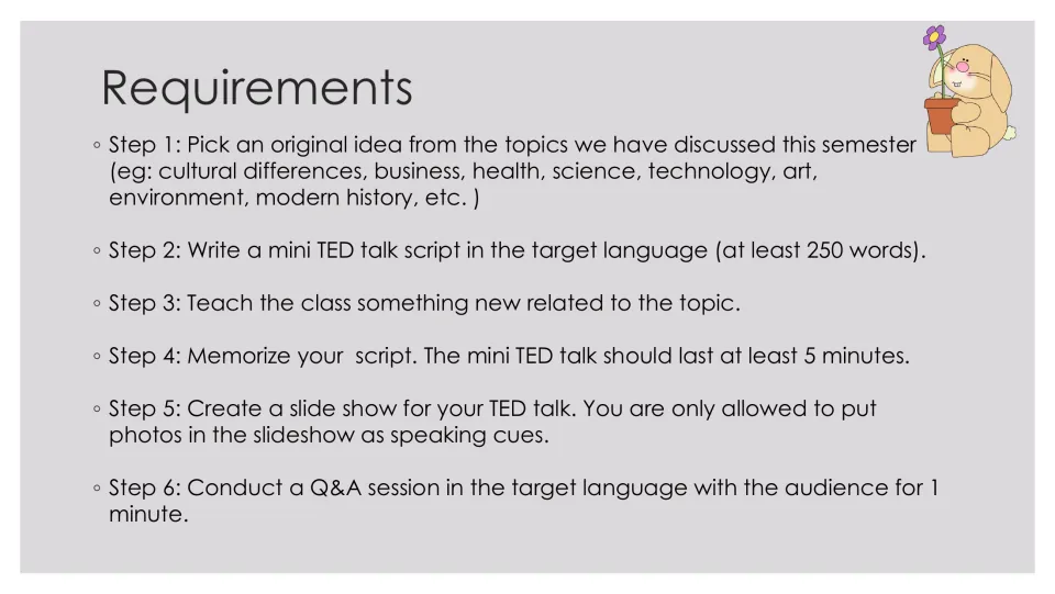 Six talk requirements include a 250-word script, a five-minute talk, photo-only slides, and a one-minute Q&A