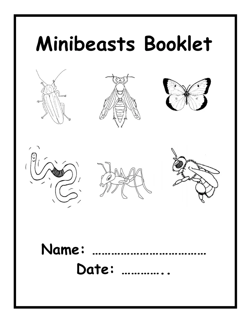 Minibeasts Booklet cover with drawings of a beetle, winged insect, butterfly, worm, ant and bee, plus name and date lines