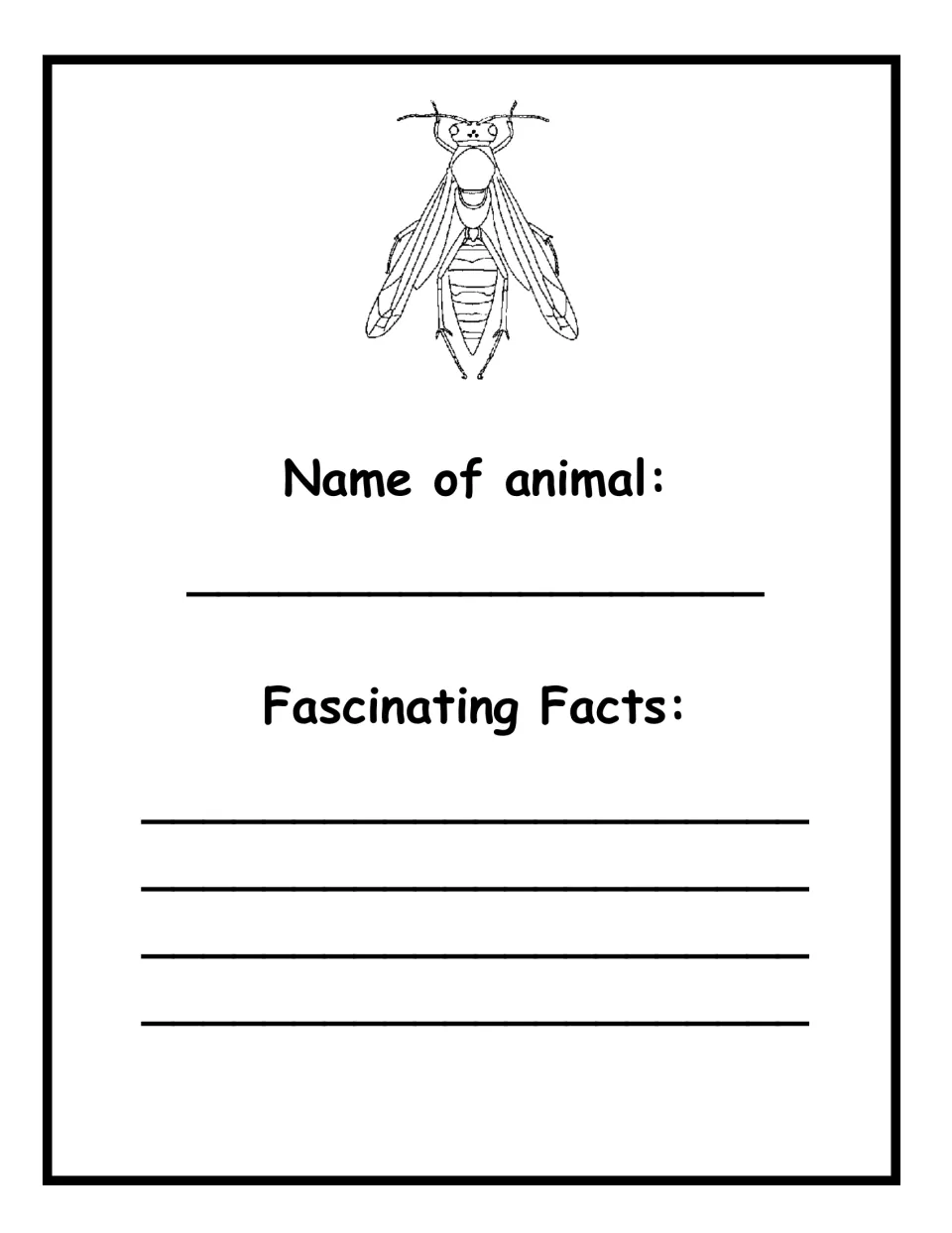 Winged insect fact page: students identify and name the long-winged insect drawn at the top and note fascinating facts