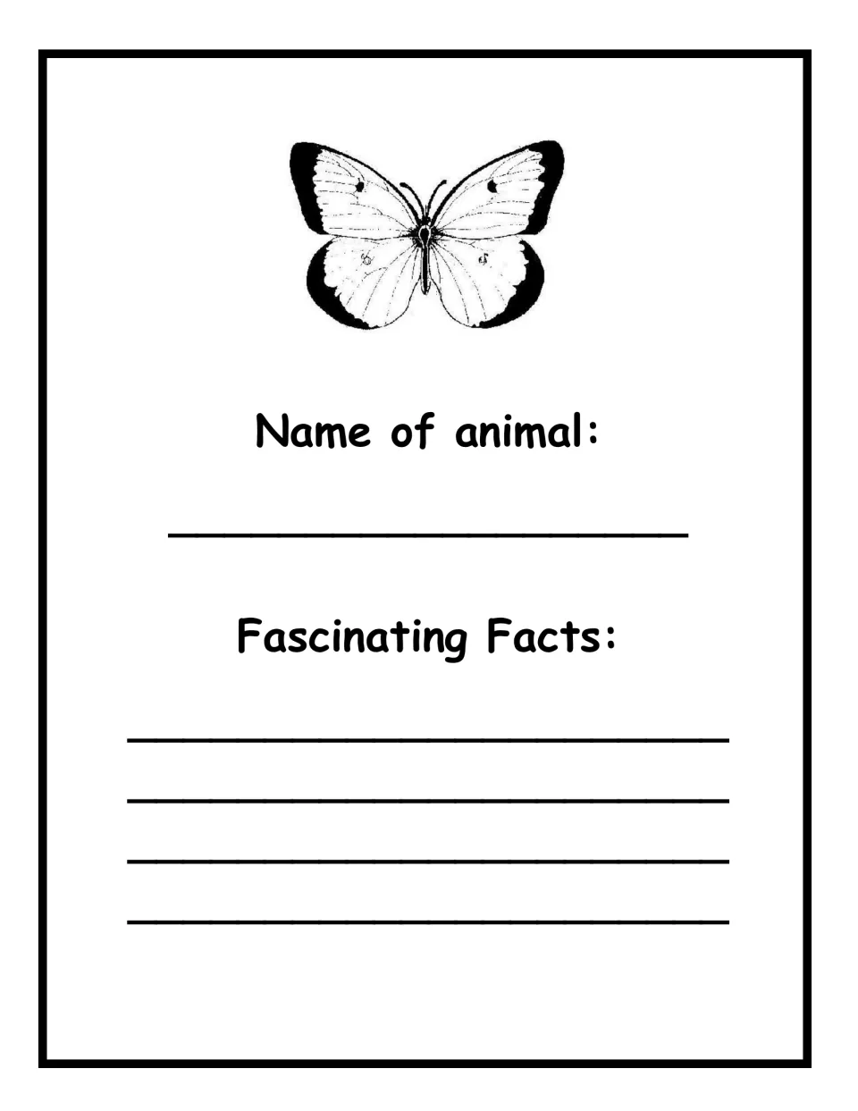 Butterfly fact page: students name the butterfly in the drawing and write four lines of fascinating facts about it