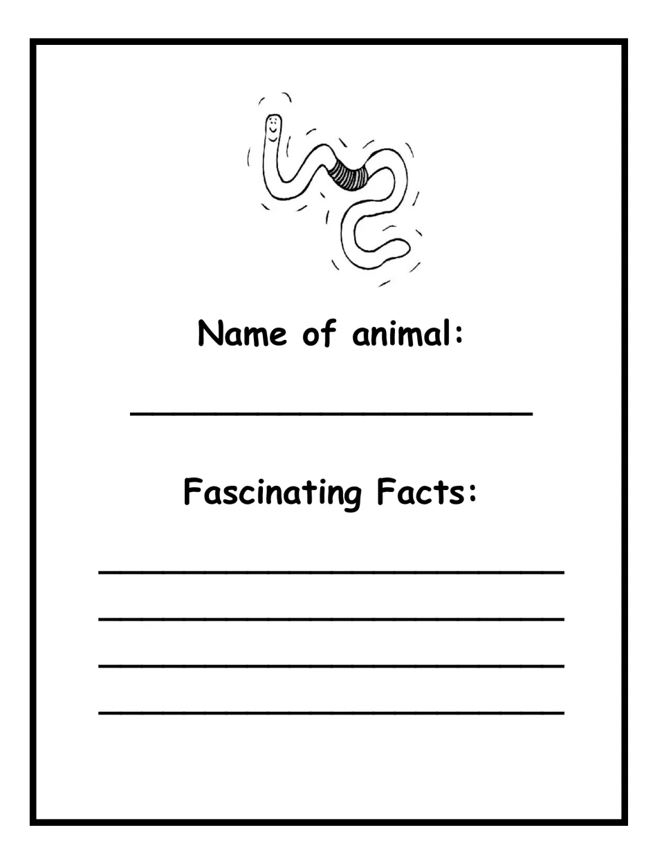 Worm fact page: students write the name of the smiling worm shown and record fascinating facts from their research