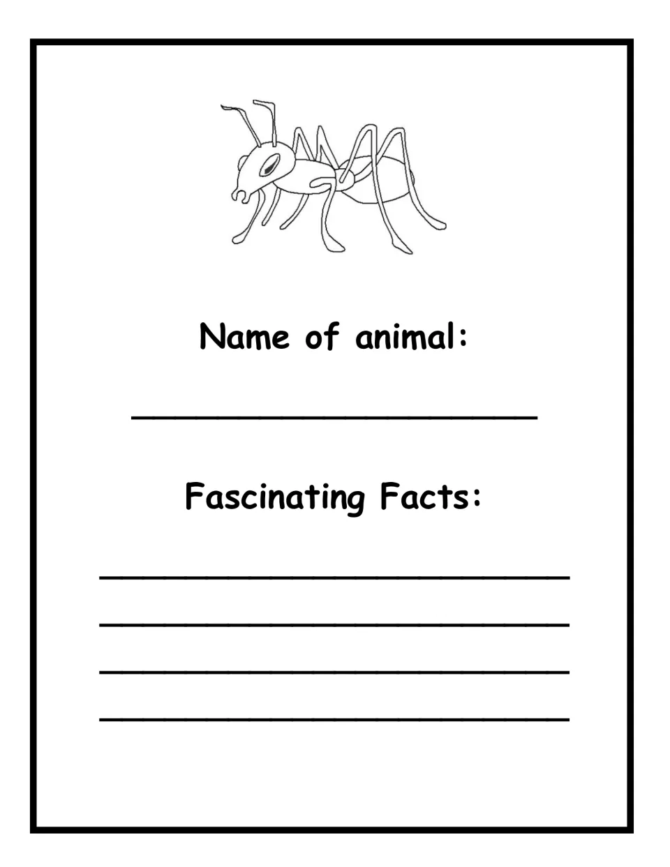 Ant fact page: students name the ant pictured at the top and write fascinating facts about it underneath