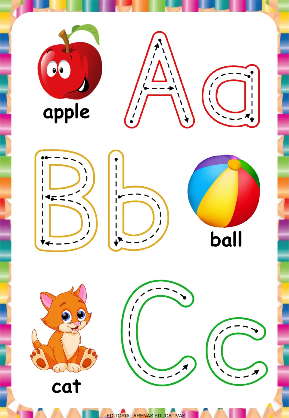 Letters A to C: students trace dotted Aa, Bb and Cc following start dots and arrows beside apple, ball and cat