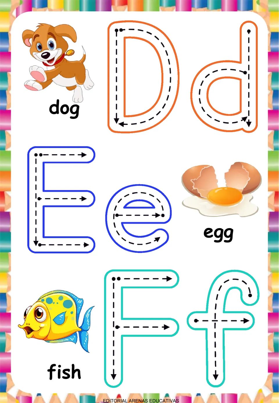 Letters D to F: children trace uppercase and lowercase Dd, Ee and Ff along dashed paths, with pictures of dog, egg, fish