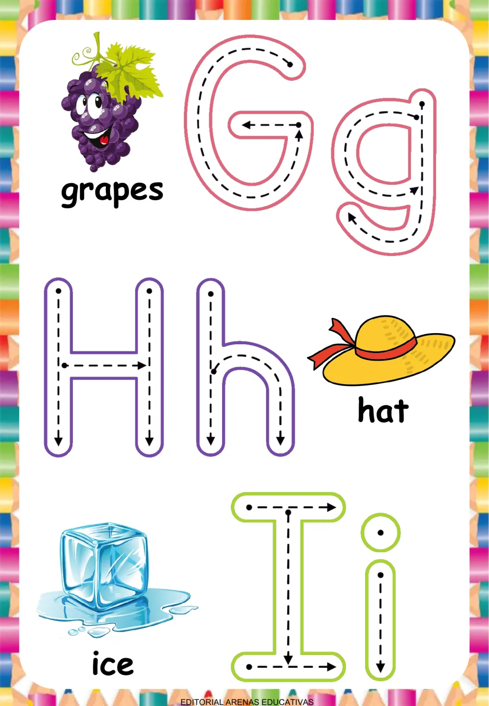 Letters G to I: learners follow arrows to trace Gg, Hh and Ii, each paired with a beginning-sound picture: grapes, hat, ice