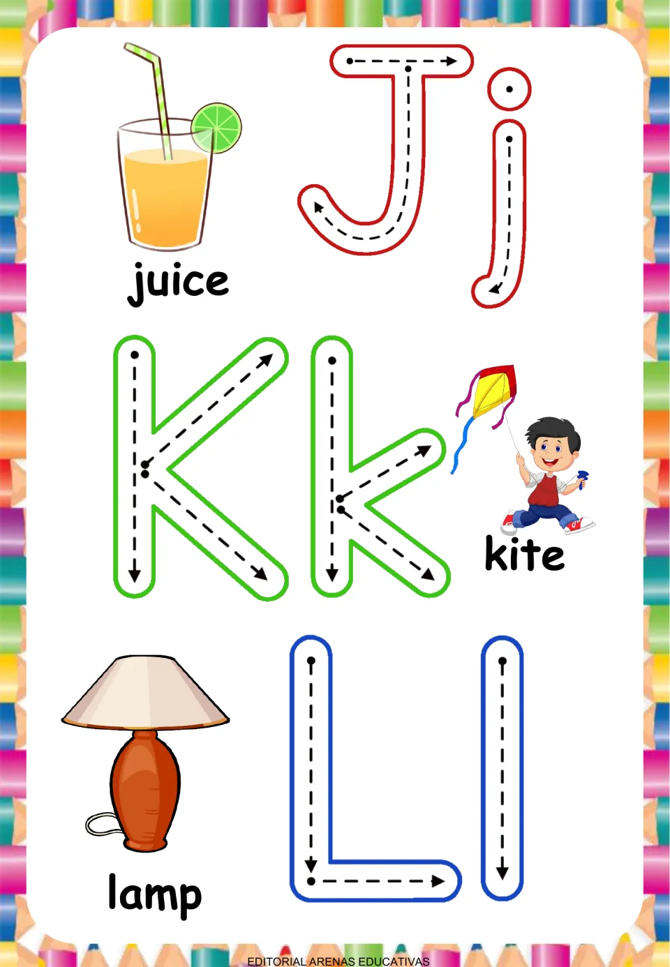 Letters J to L: students trace capital and small Jj, Kk and Ll by following start dots, next to juice, kite and lamp images