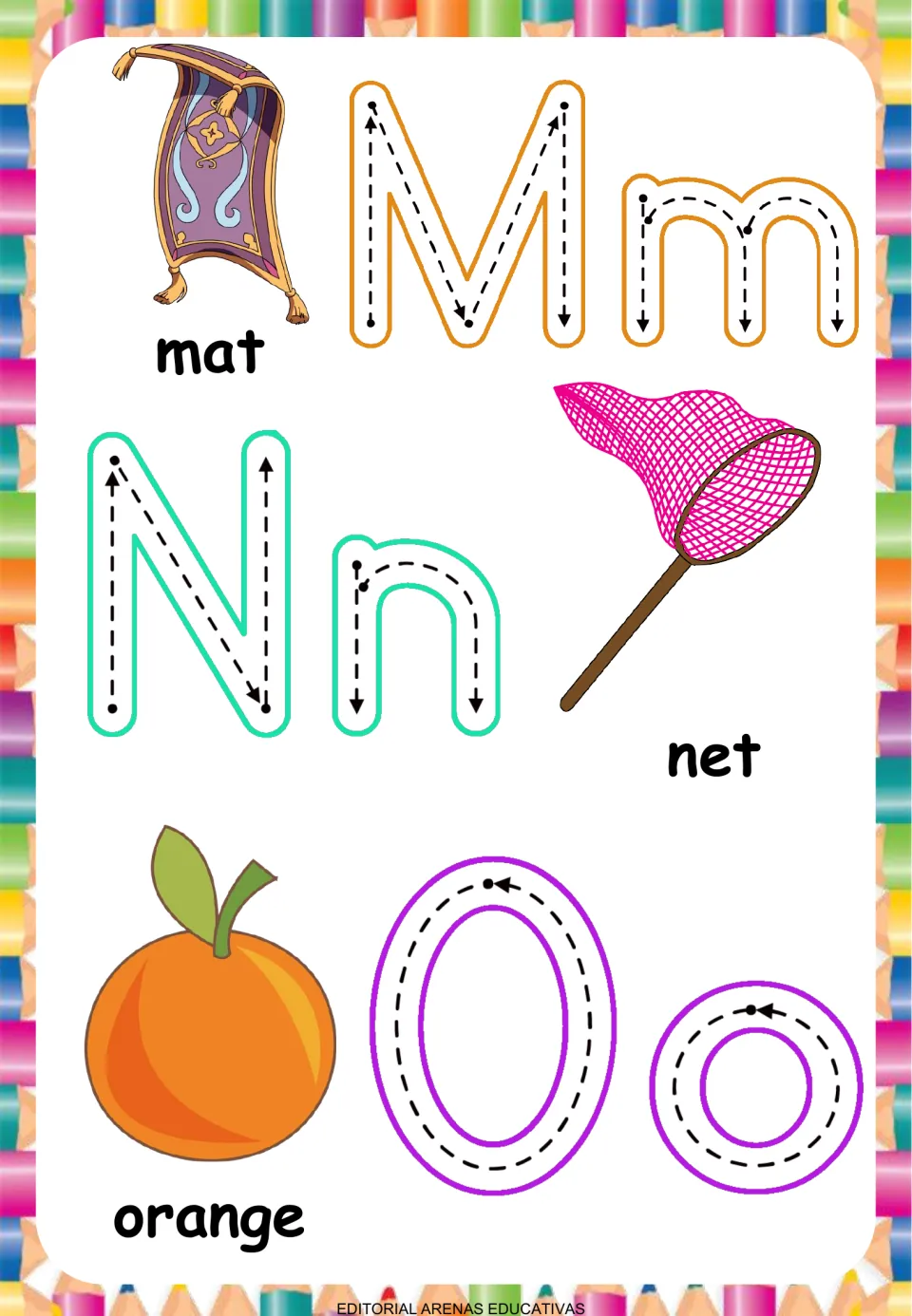 Letters M to O: children trace Mm, Nn and Oo using direction arrows, with keyword pictures of a mat, a net and an orange