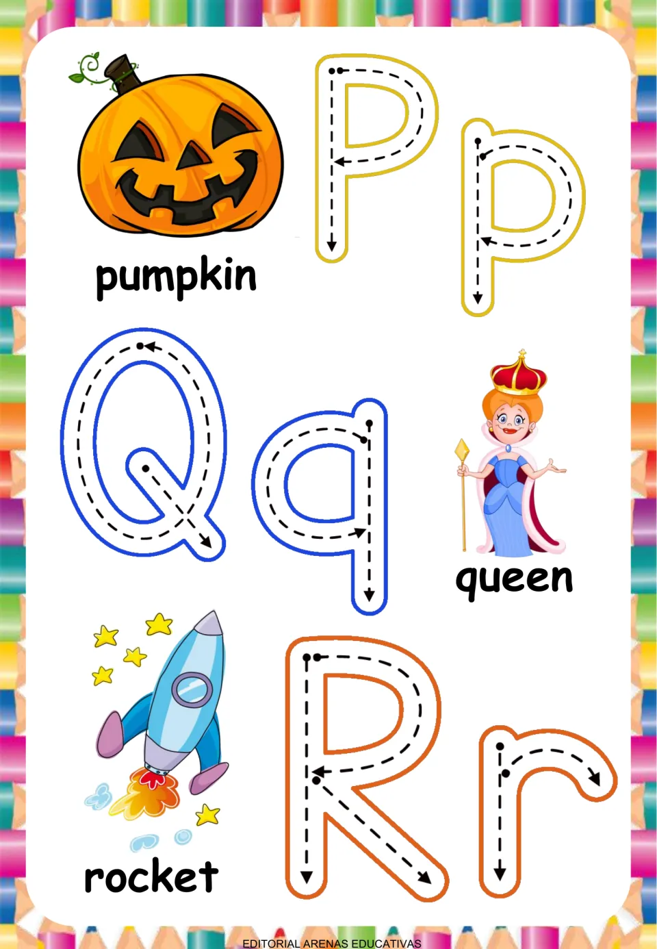 Letters P to R: learners trace Pp, Qq and Rr along dashed strokes; picture cues show a pumpkin, a queen and a rocket