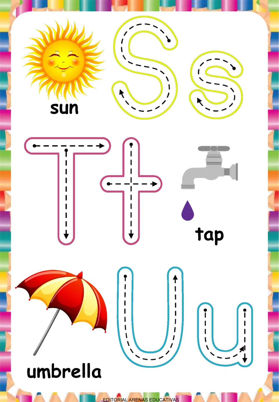 Letters S to U: students practise forming Ss, Tt and Uu by tracing arrowed paths beside a sun, a tap and an umbrella
