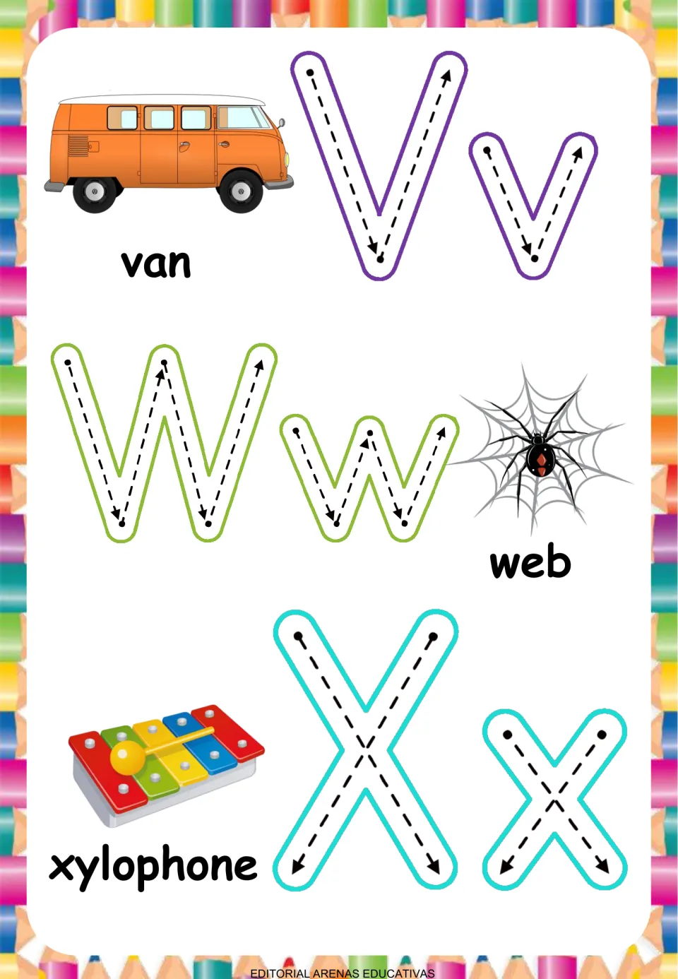 Letters V to X: children trace slanted strokes in Vv, Ww and Xx following arrows, pictured with van, web and xylophone