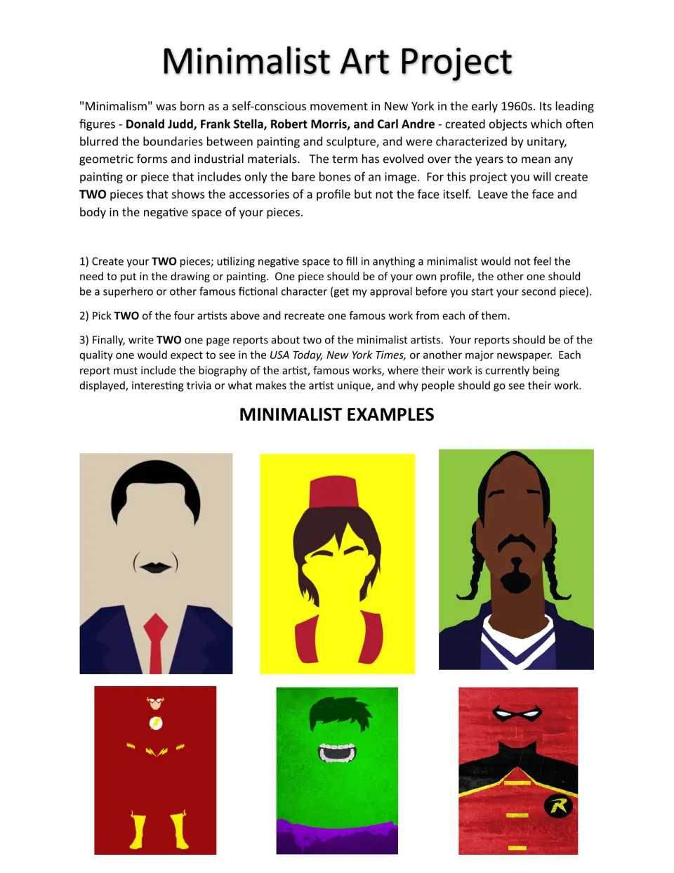 Minimalist portraits: students make two negative-space profile pieces, recreate works by two artists and write two reports