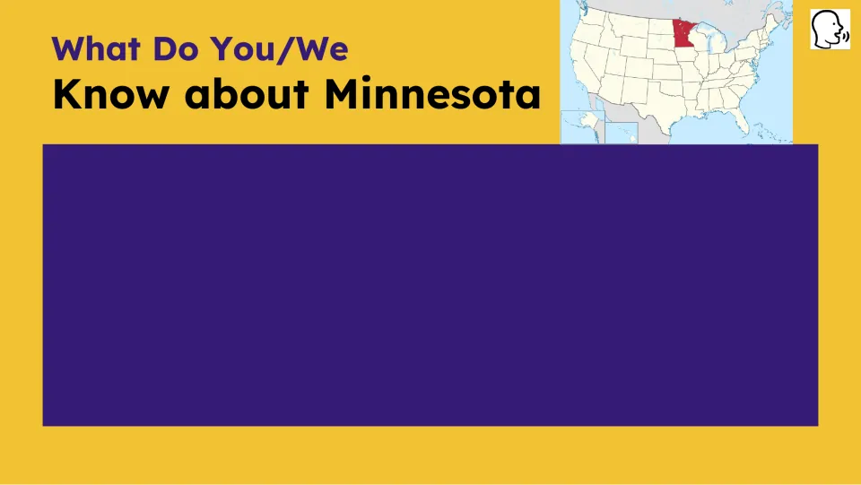 Prior-knowledge slide asking what students know about Minnesota, with the state highlighted on a US map