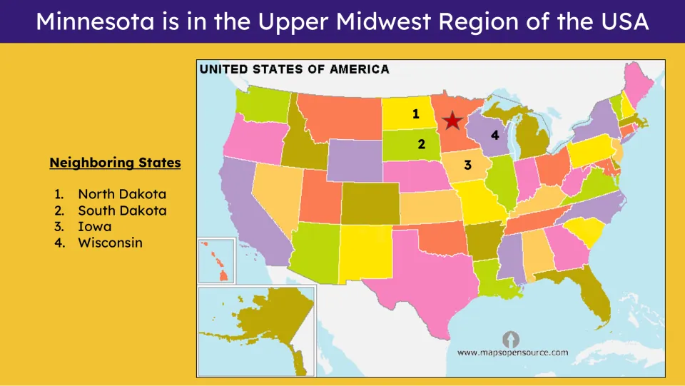 Geography slide locating Minnesota in the Upper Midwest beside North Dakota, South Dakota, Iowa, and Wisconsin