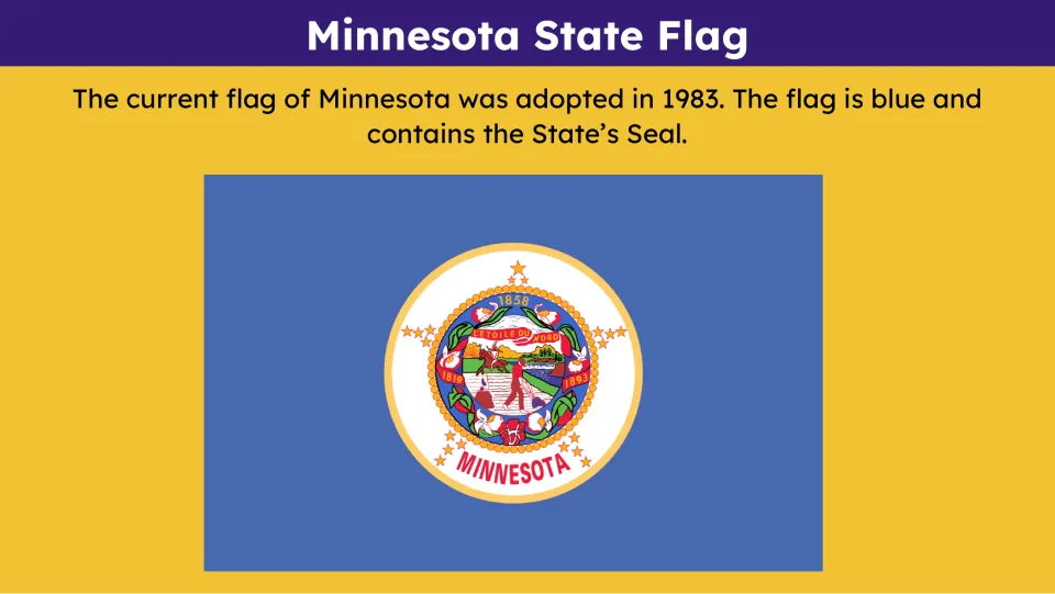 State flag slide showing Minnesota's blue flag with the state seal and text describing its adoption in 1983