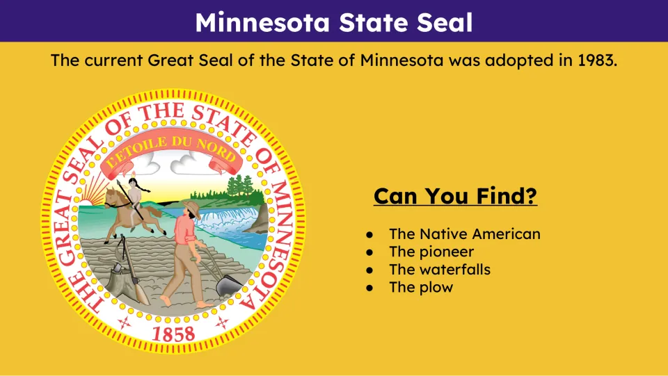State seal slide asking students to find the Native American, pioneer, waterfalls, and plow in the seal
