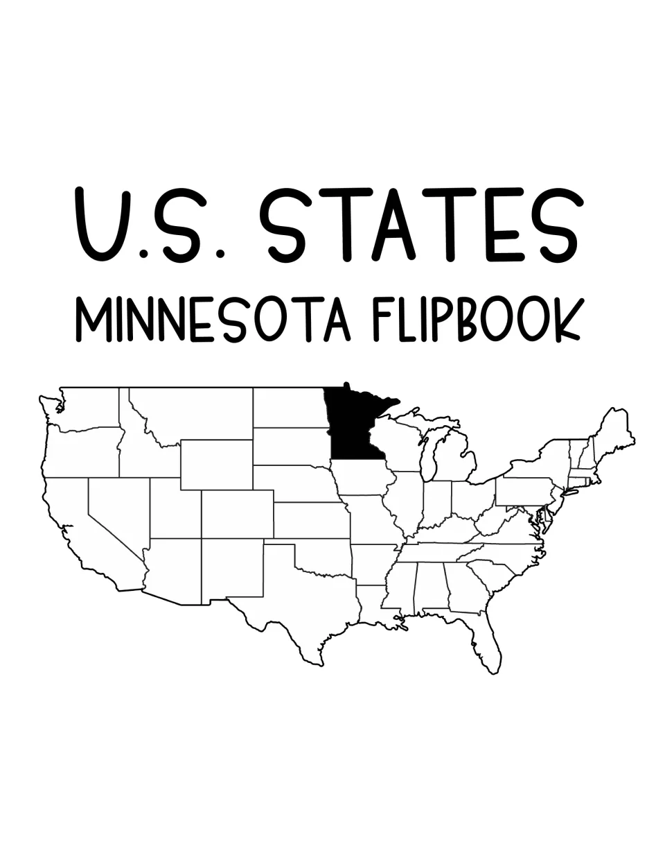 Minnesota flipbook resource cover titled 'U.S. States' with Minnesota highlighted on a United States map
