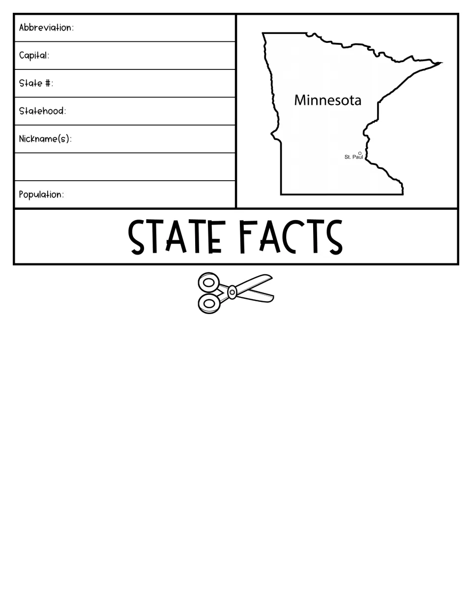 State Facts flipbook sheet asks for abbreviation, capital, state number, statehood, nicknames, and population