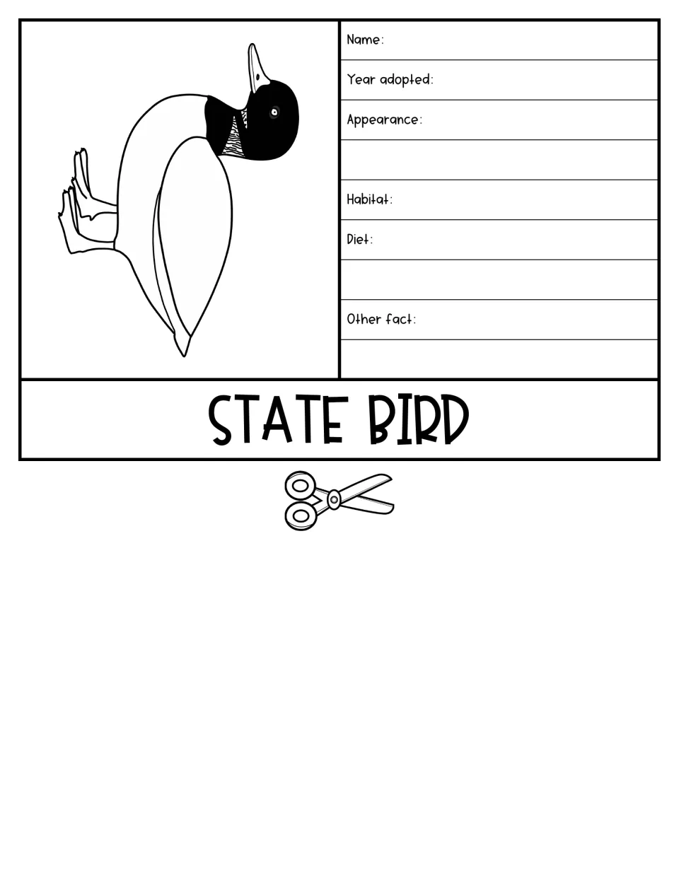 State Bird flipbook sheet shows a loon and asks for its name, adoption year, appearance, habitat, and diet