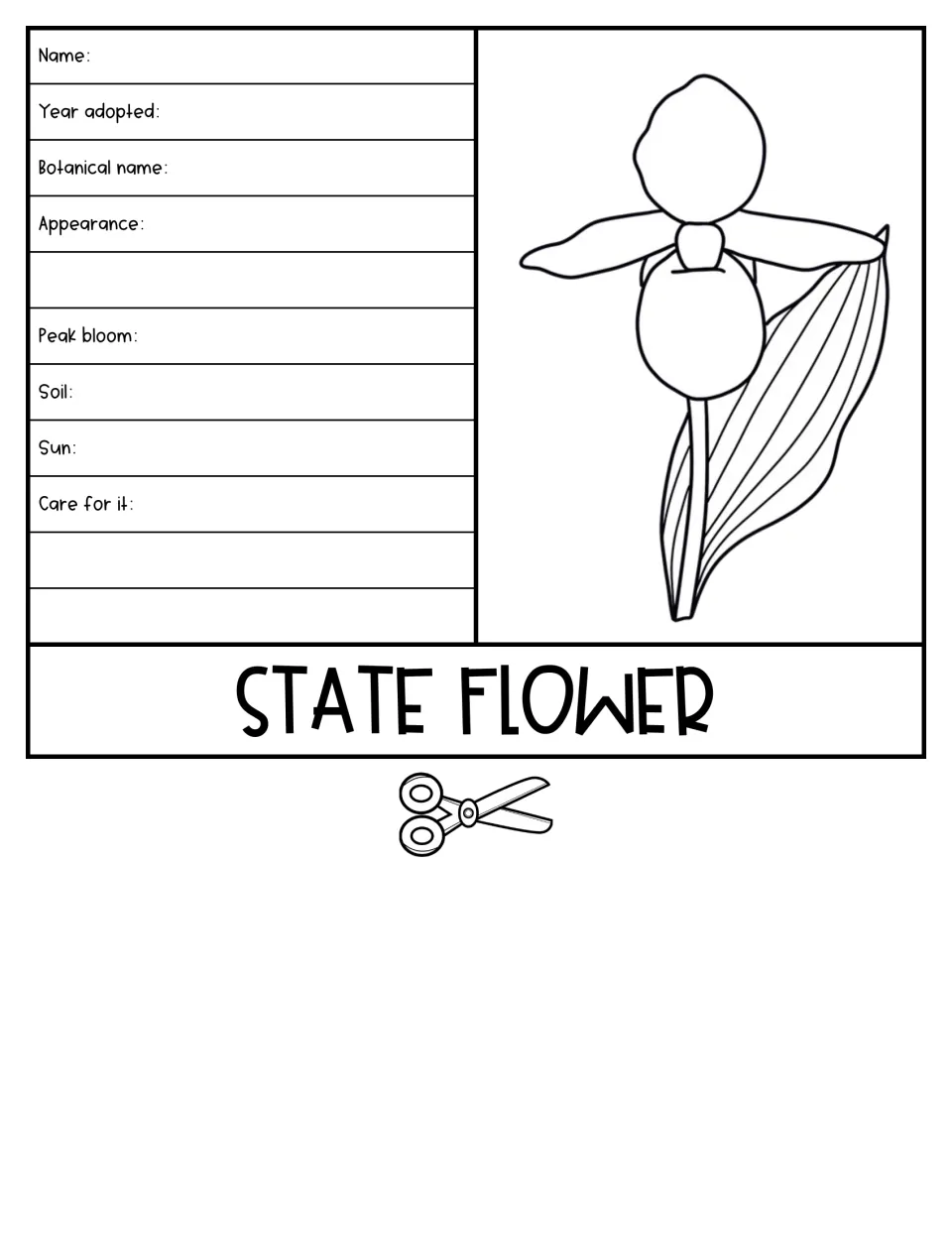 State Flower flipbook sheet shows a flower and asks for its botanical name, peak bloom, soil, sun, and care