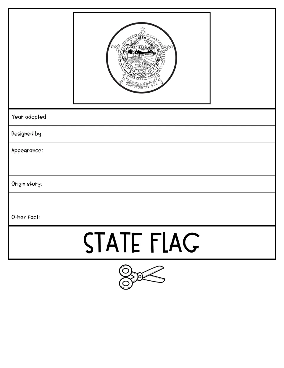 State Flag flipbook sheet shows a seal-centered flag and asks about adoption, designer, appearance, and origin