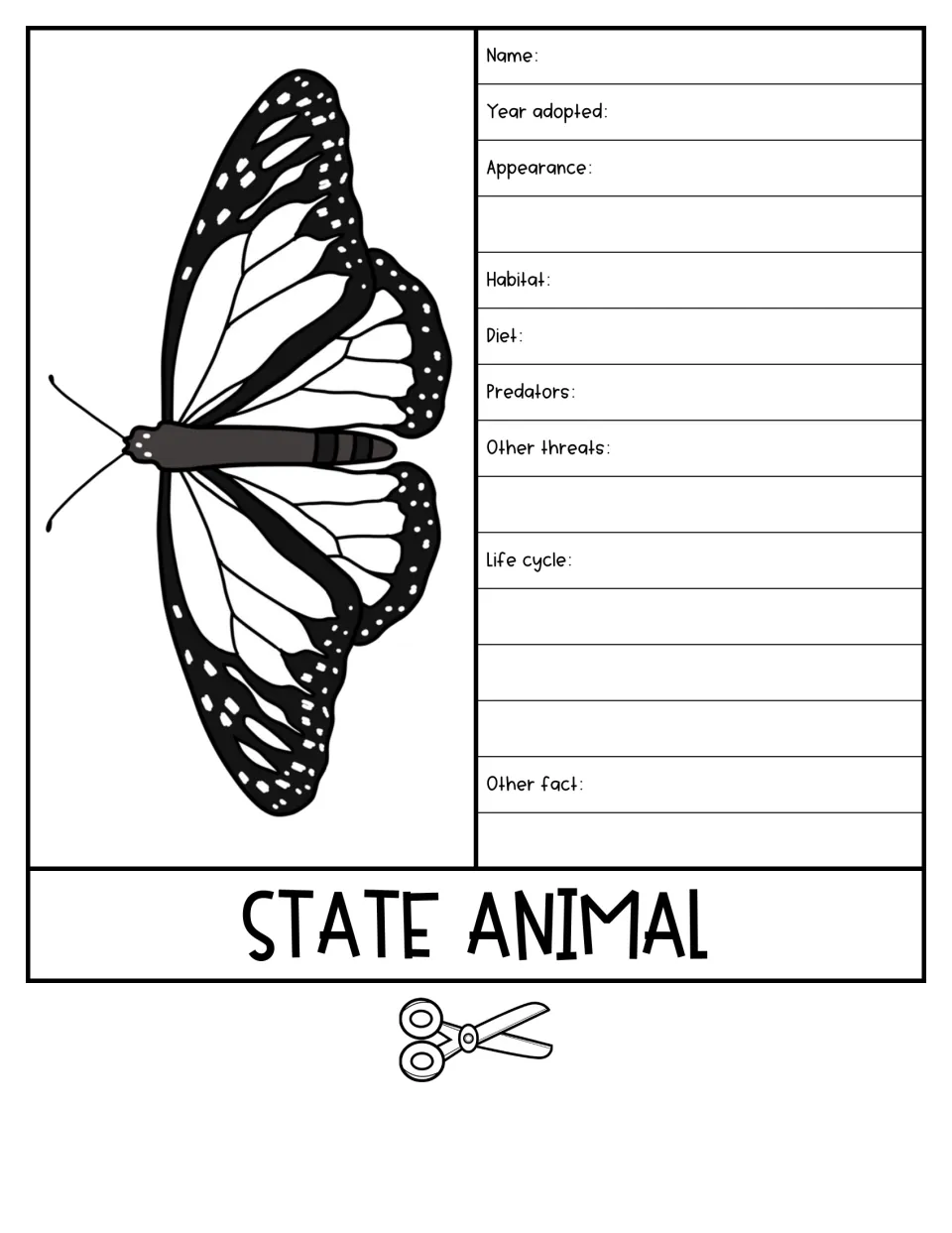 State Animal flipbook sheet shows a butterfly and asks about habitat, diet, predators, threats, and life cycle