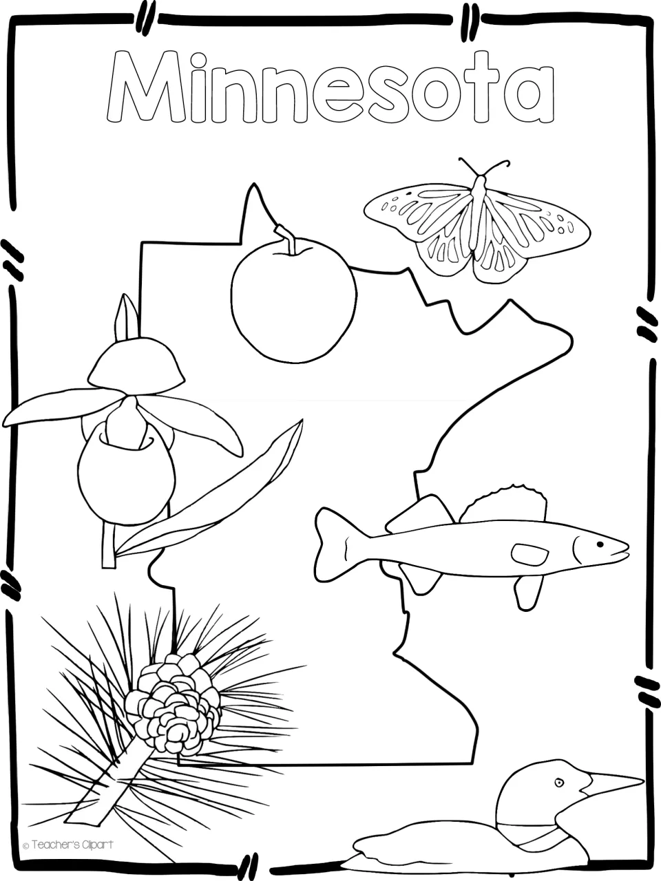 State symbols coloring sheet for Minnesota: apple, monarch butterfly, lady slipper, walleye, pine and loon