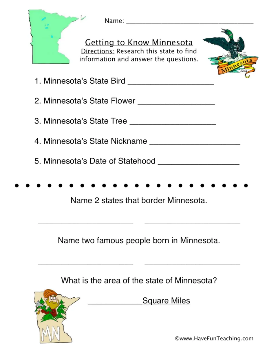 Minnesota research worksheet: state symbols, nickname, statehood, bordering states, famous people, and area.