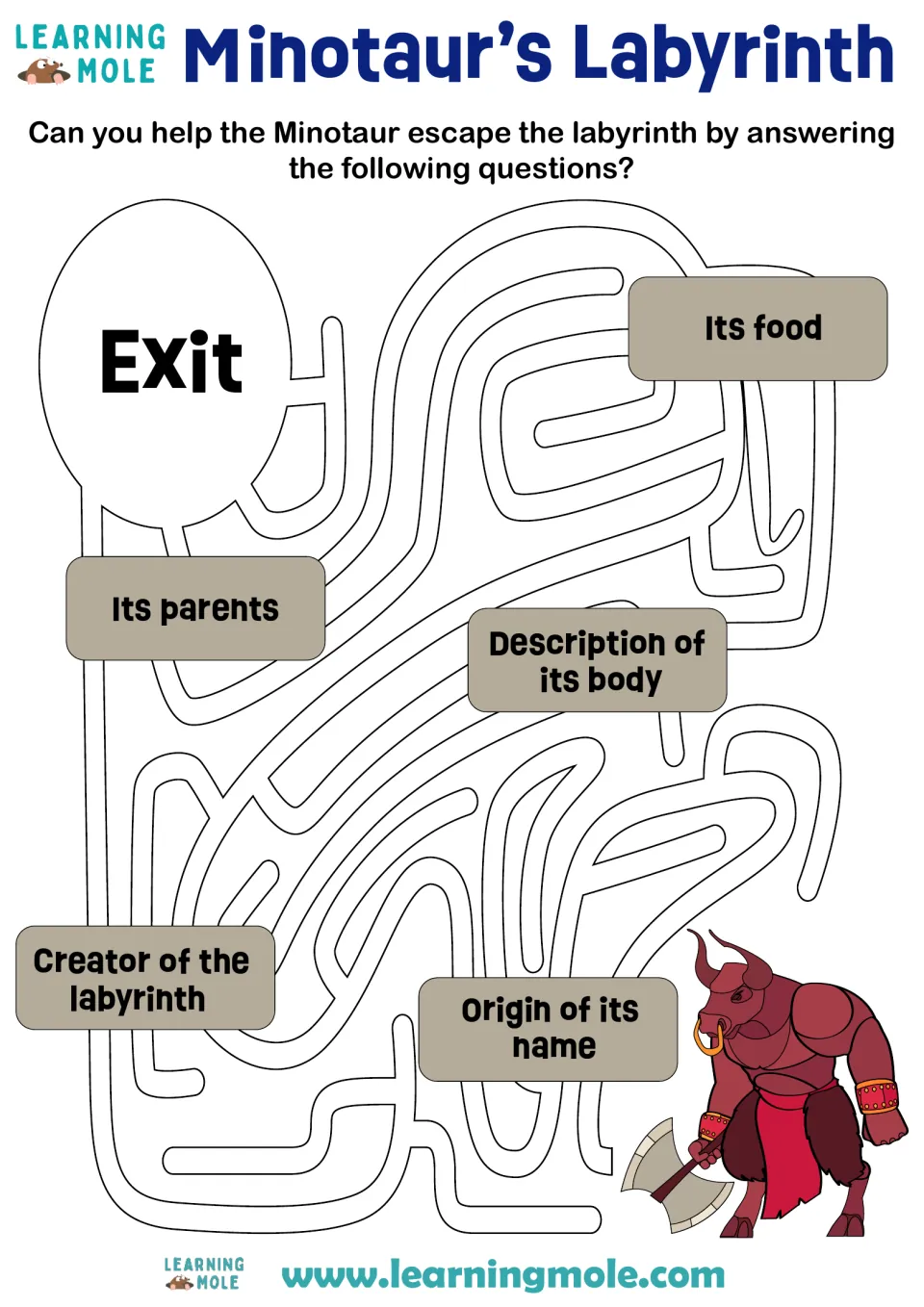 Greek myth maze: students guide the Minotaur to the exit by answering questions on its parents, food, body and name