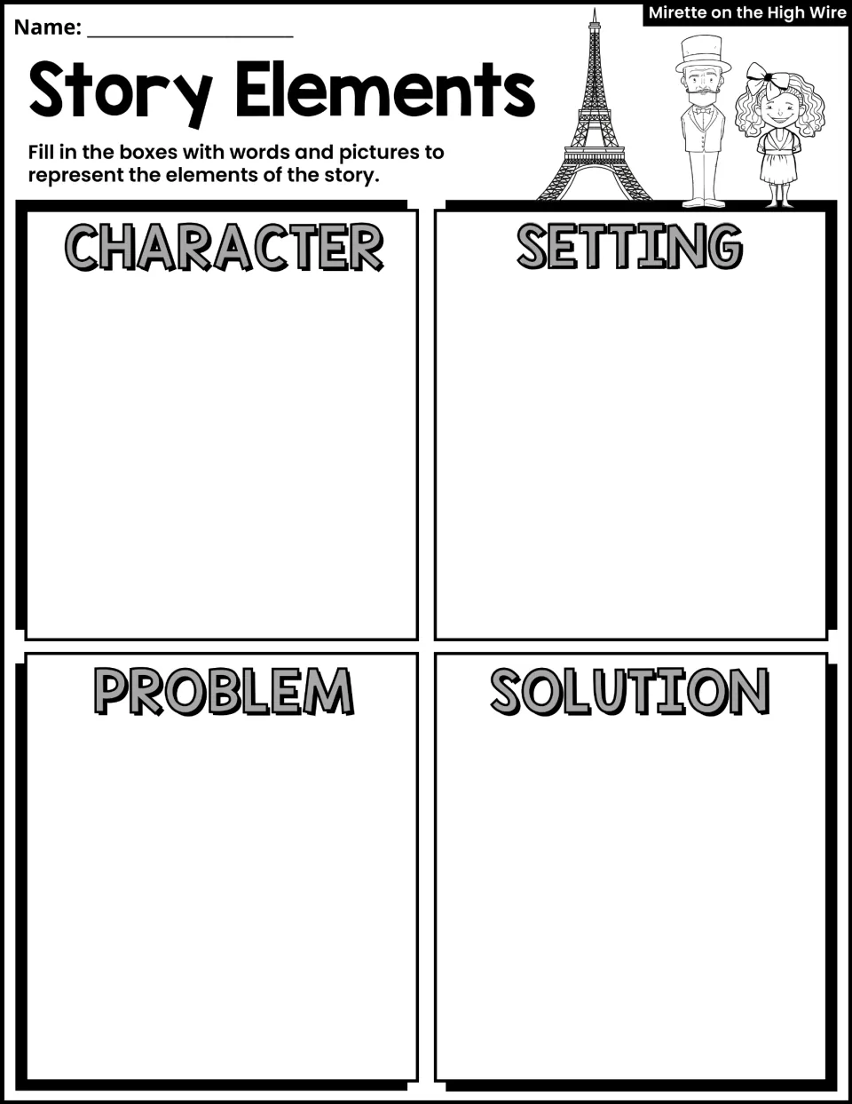 Story Elements activity asks students to represent the character, setting, problem, and solution in words and pictures