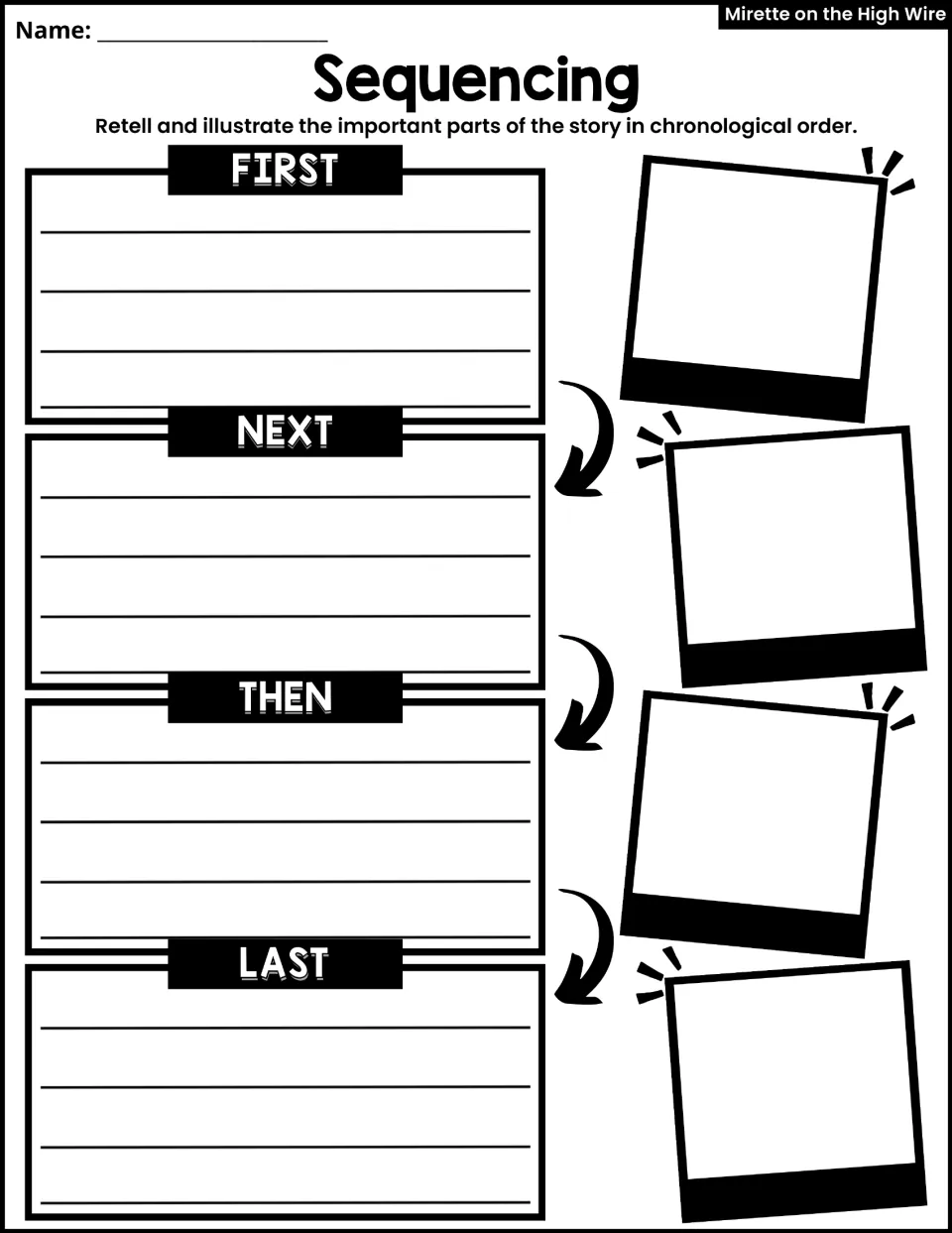 Sequencing activity asks students to retell and illustrate important story events using First, Next, Then, Last