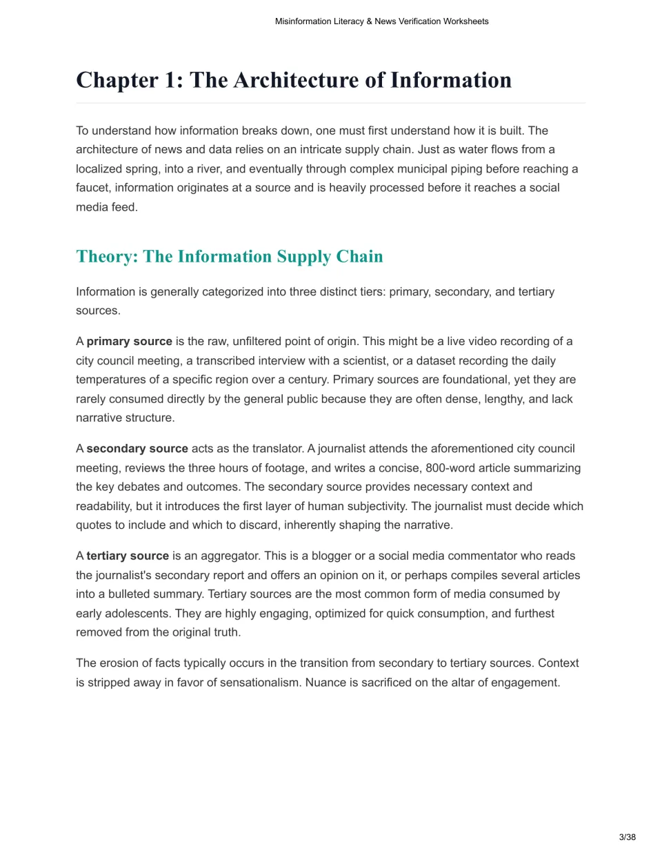 Chapter 1 reading explains primary, secondary, and tertiary sources and how information loses context