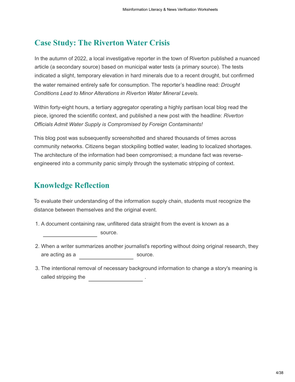 Riverton Water Crisis case study traces a distorted water report, followed by three reflection questions