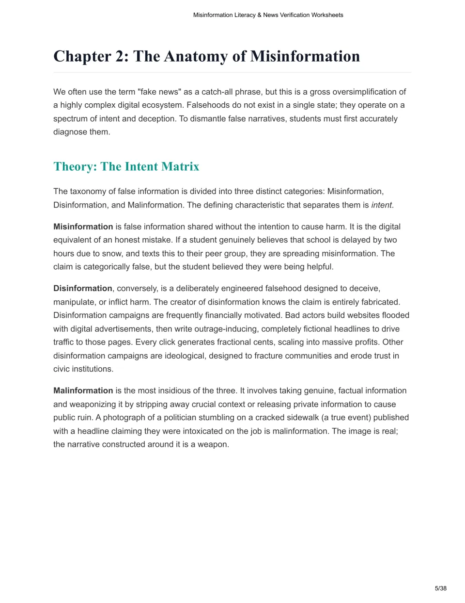 Chapter 2 reading defines misinformation, disinformation, and malinformation through intent and examples