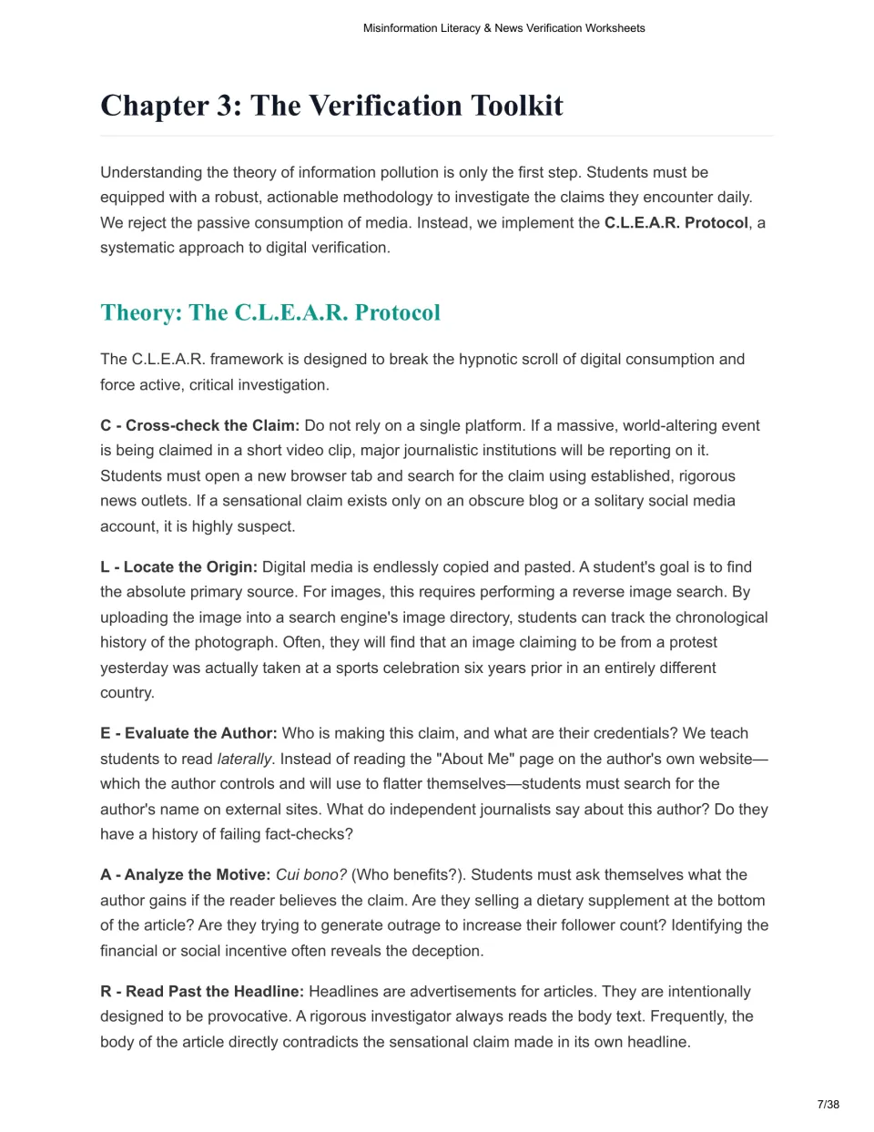 Chapter 3 introduces C.L.E.A.R.: cross-check claims, locate origins, evaluate authors, and two more steps