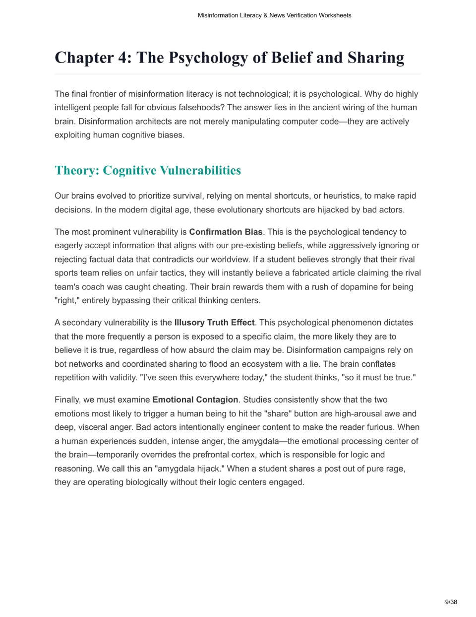 Chapter 4 reading explains confirmation bias, the illusory truth effect, and emotional contagion in sharing