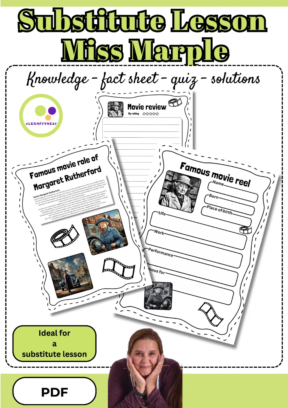 Cover of the Miss Marple substitute lesson packet advertising a fact sheet, quiz, solutions, and film writing