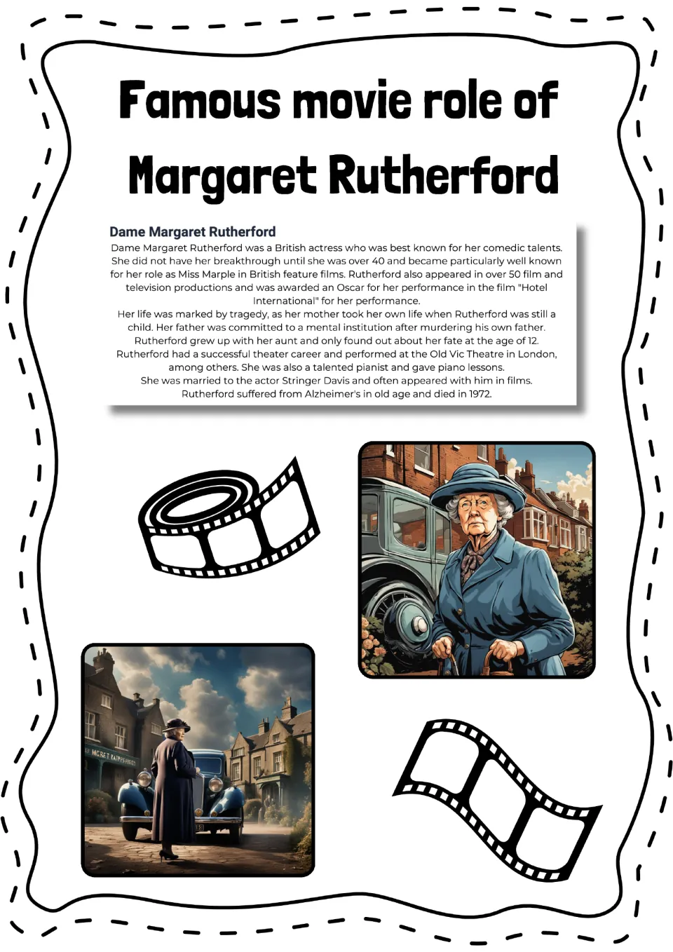 Reading passage about Margaret Rutherford's acting career, Miss Marple role, family life, and Oscar win