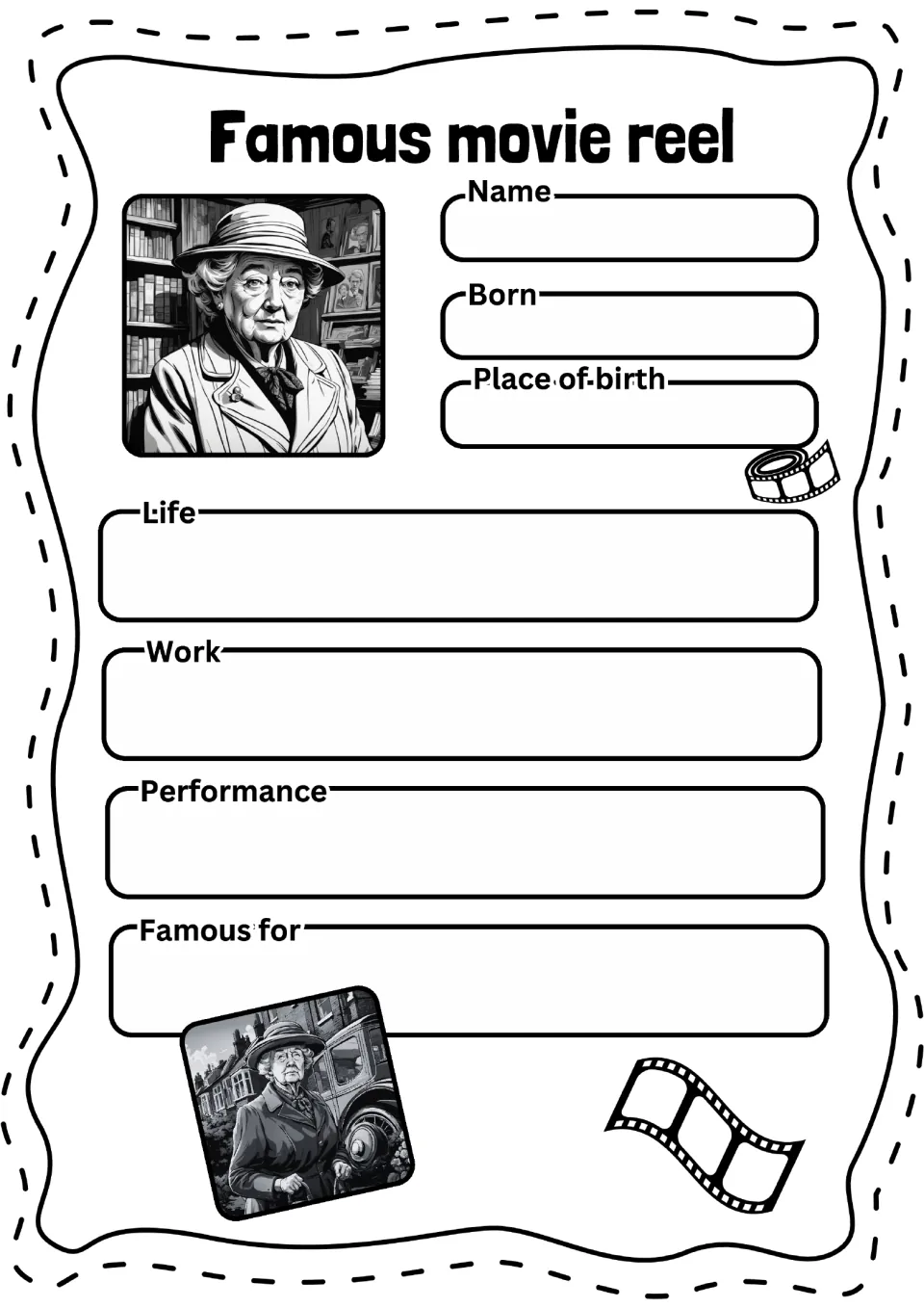 Blank Margaret Rutherford profile asks for her name, birth date, birthplace, life, work, and performance
